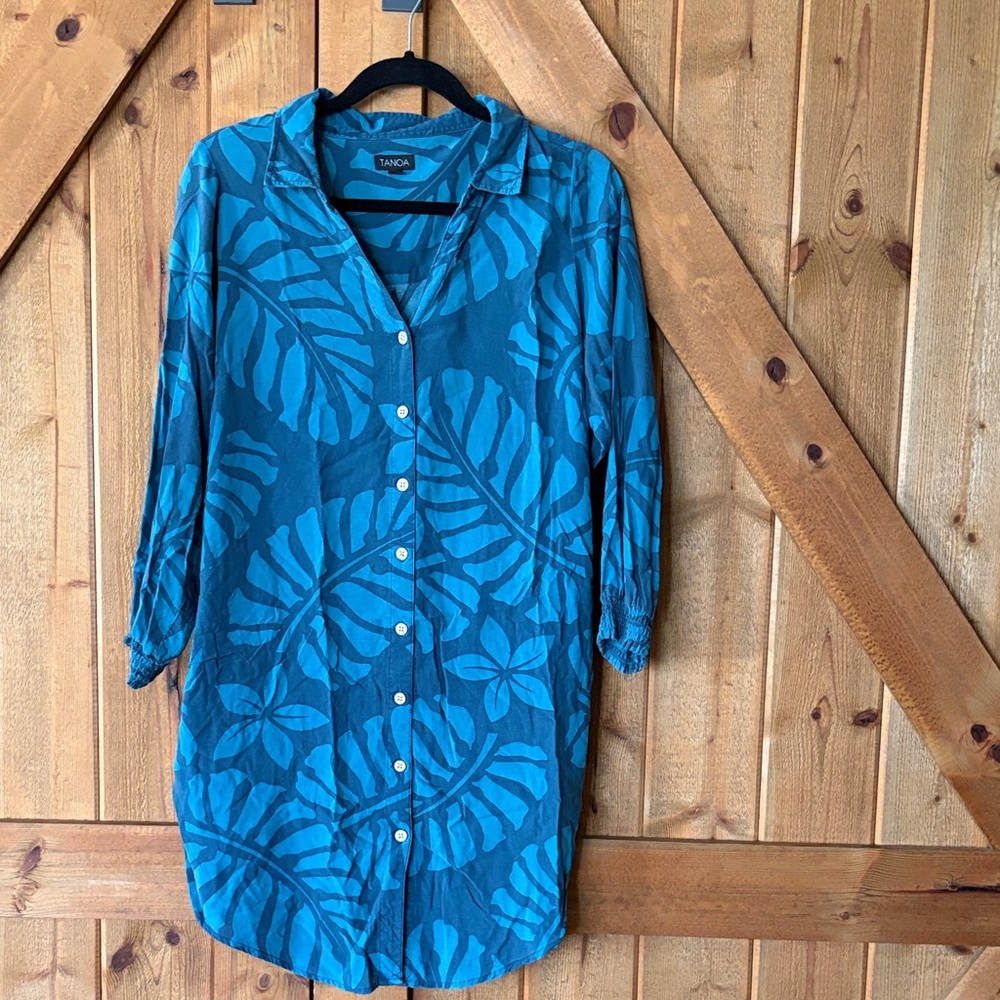 TANCO Teal Blue Tropical Print Button-Front Dress